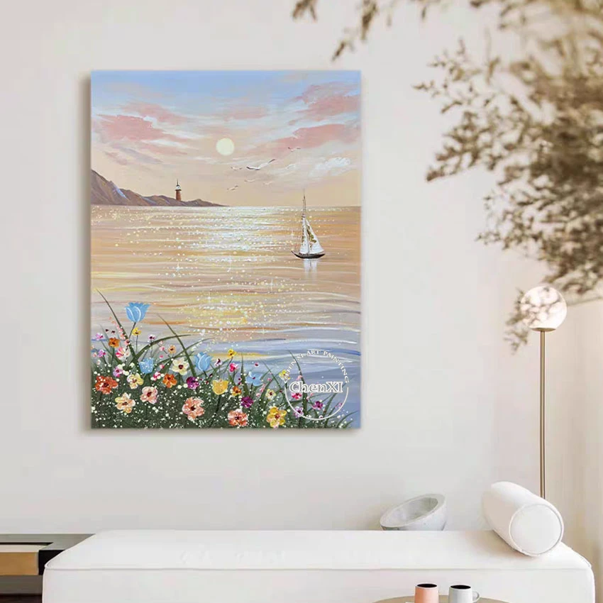 Beautiful Lake Scenery Wall Decor Picture Art Hand-painted Sunrise Landscape Oil Painting Modern Decor Murals Art For Hotel