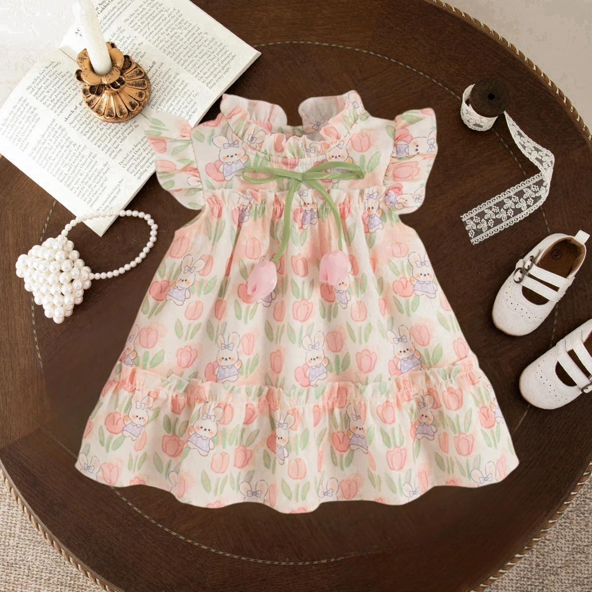 Summer Cotton Toddler Dress Floral Rabbit Printed Princess Dress Tulip Bow Dress for Baby Girl