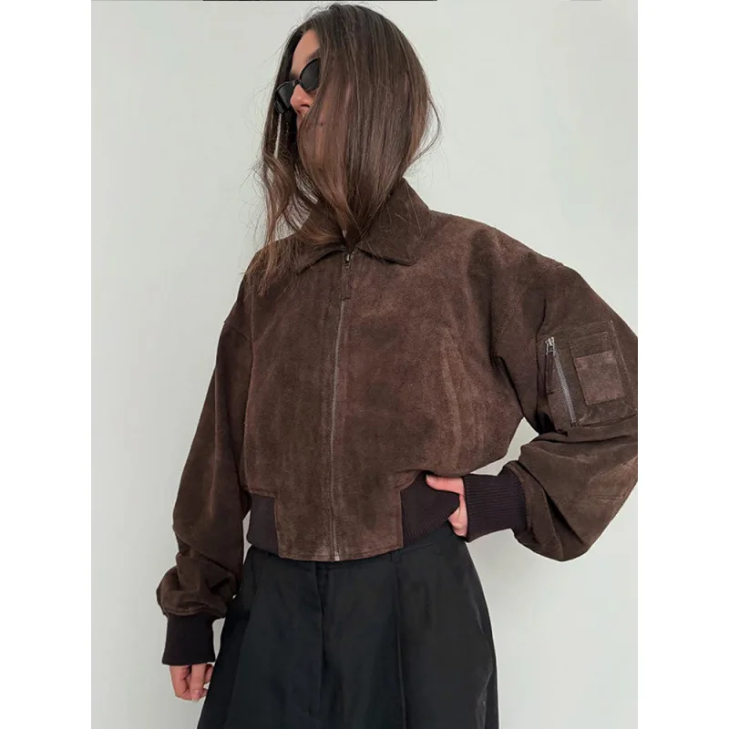 Women Brown Short Suede Bomber Jacket Lapel Long Sleeve Zipper Pocket Cropped Coat Autumn Lady Fashion High Street Outwear
