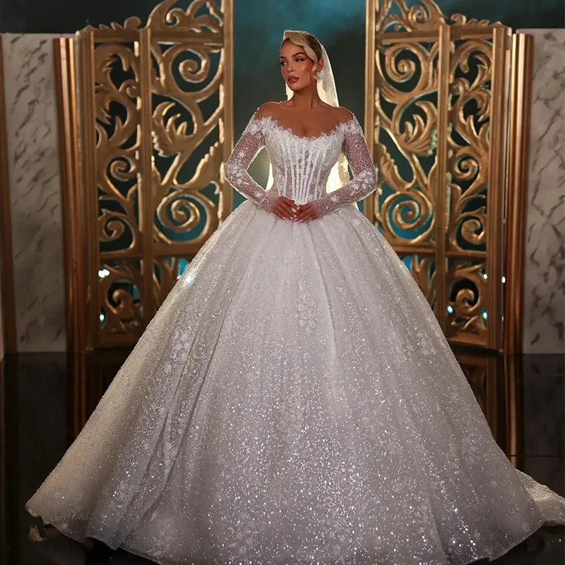 Glänzendes, schickes Hochzeitskleid, vollständig mit Perlen besetzt, mit Blumen, Prinzessin-Ballkleid, volle Ärmel, O-Ausschnitt, maßgeschneidertes Brautkleid, Vestido De Novia