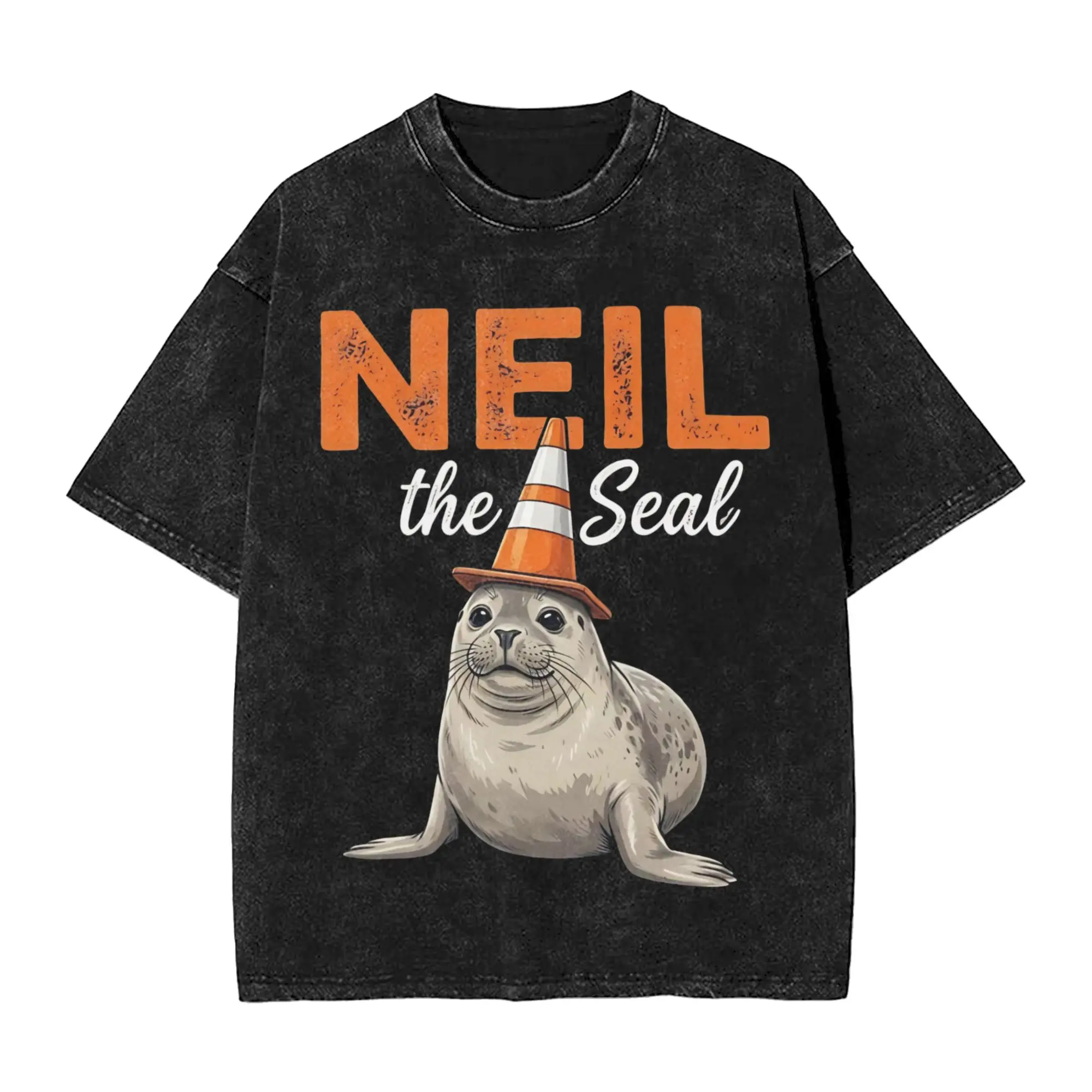 Washed T Shirts Neil the Seal Animal Hip Hop Fashion T-Shirt Streetwear 100% Cotton Graphic Printed Tops Tee Shirt Men Women