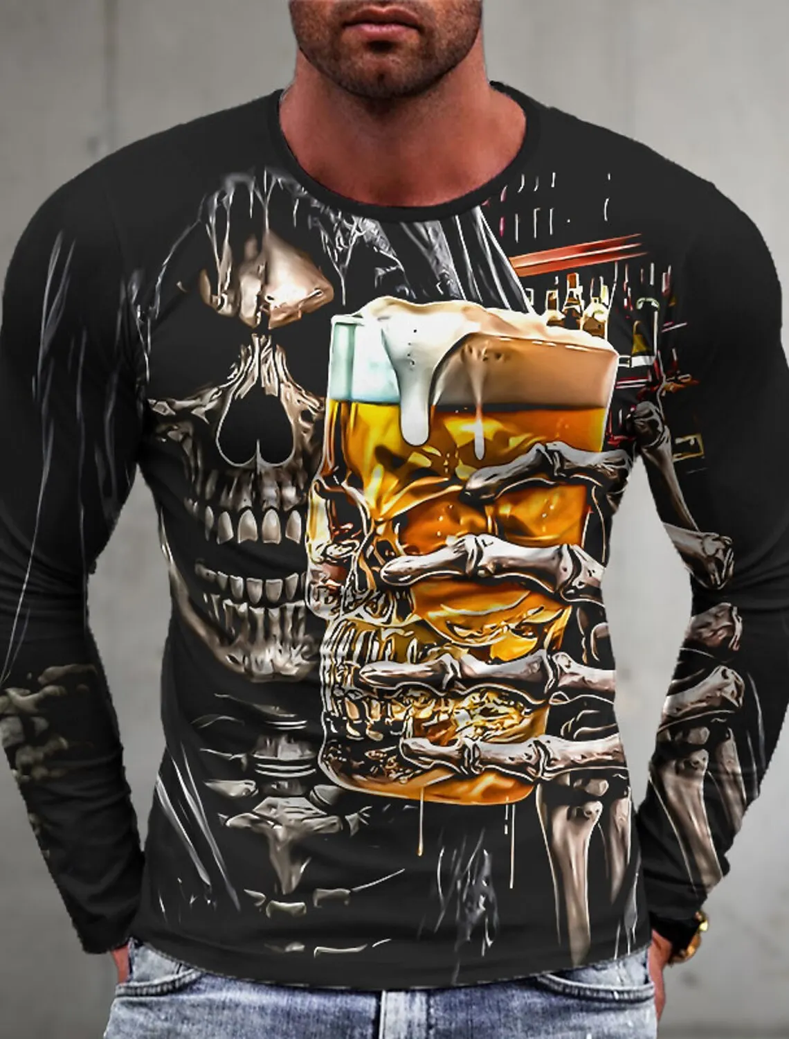 3D Men\'s Long Sleeve 3D Skull Clinker Casual Sports Fitness Retro Classic Long Sleeve Outdoor Sports T-Shirt Top Long Sleeve