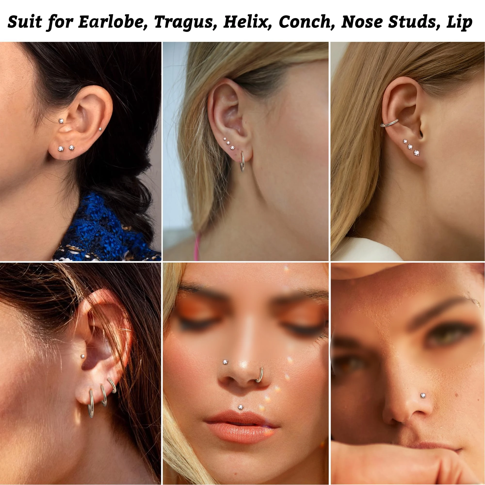 1/6pcs 18G 16G Stainless Steel Internal Threaded CZ Labret Lip Tragus Stud Piercing Jewelry Nose Rings Hoop Cartilage Earrings