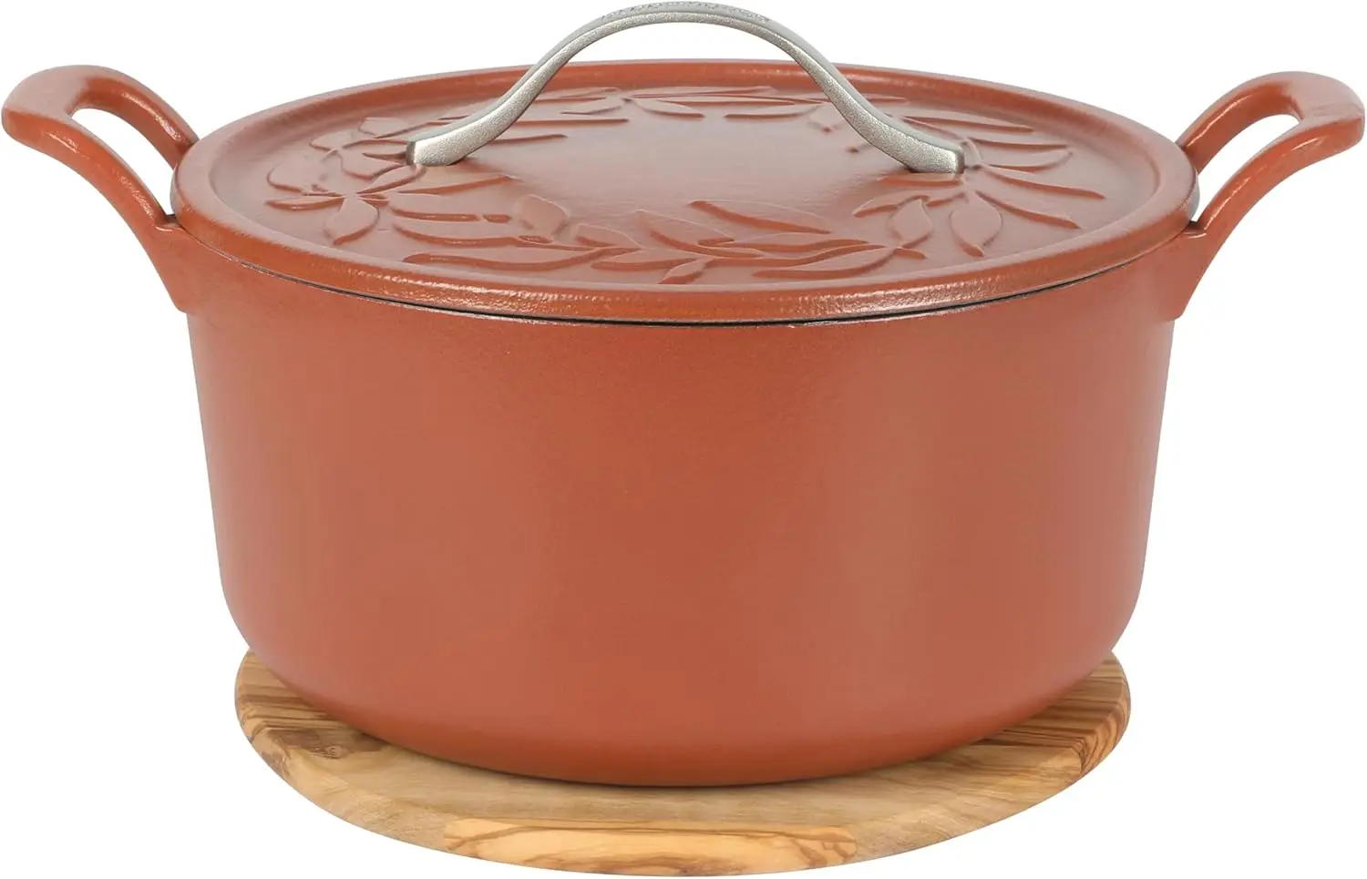 

7 Qt Cast Iron Dutch Oven W/Embossed Lid, European Enamel, & Olive Wood Trivet - Matte Terracota