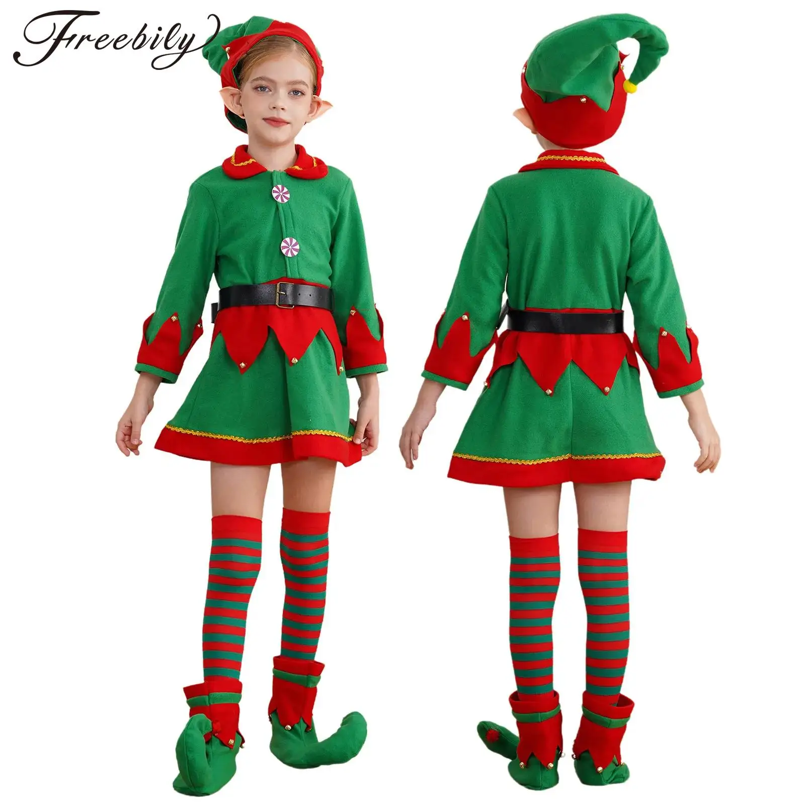 Girls Christmas Elf Cosplay Costume Dress with Hat Silicone Ears Belt Stockings Shoes Covers for Halloween Xmas Carnival Party