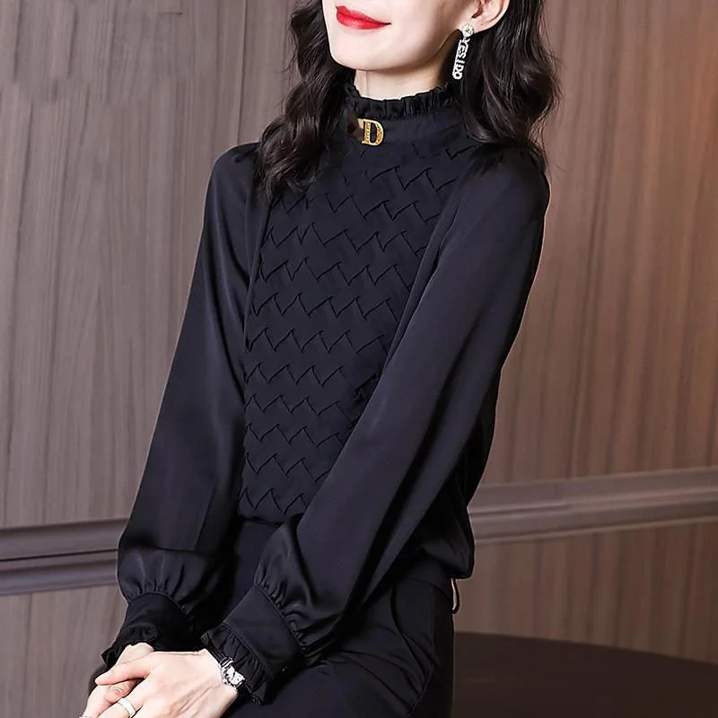 Fashion Stand Collar Solid Color Spliced Ruffles Blouse Women Clothing Casual Pullovers 2022 Autumn New Commute All-match Shirt