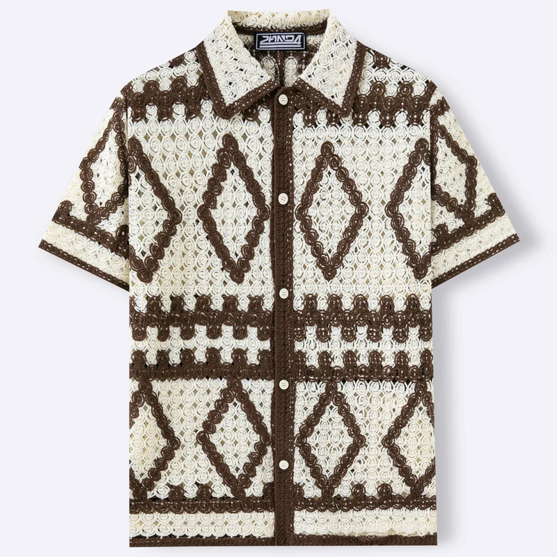 Retro Diamond Jacquard Spring Summer Short Sleeve Cardigan Tops Men Fashion Polo Shirts Crochet Knitted Man Streetwear SY0233