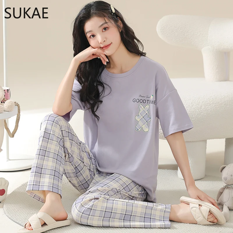 SUKAE Cotton Women\'s Pajama Short Sleeves Nightwear Summer Women Pajamas Set Plus Size M-5XL Sleepwear Korean Pijamas for Girl