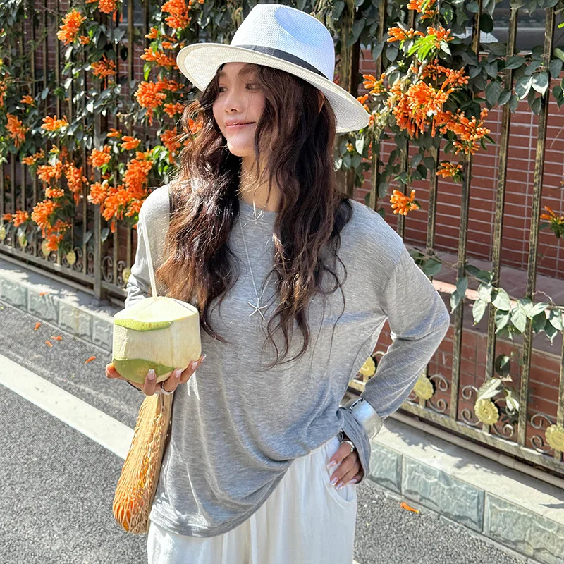 

Acetic Acid Bottoming Shirt Women's 2025 Spring and Summer Solid Color Loose Crew Neck Blouse Long-sleeved T-shirt