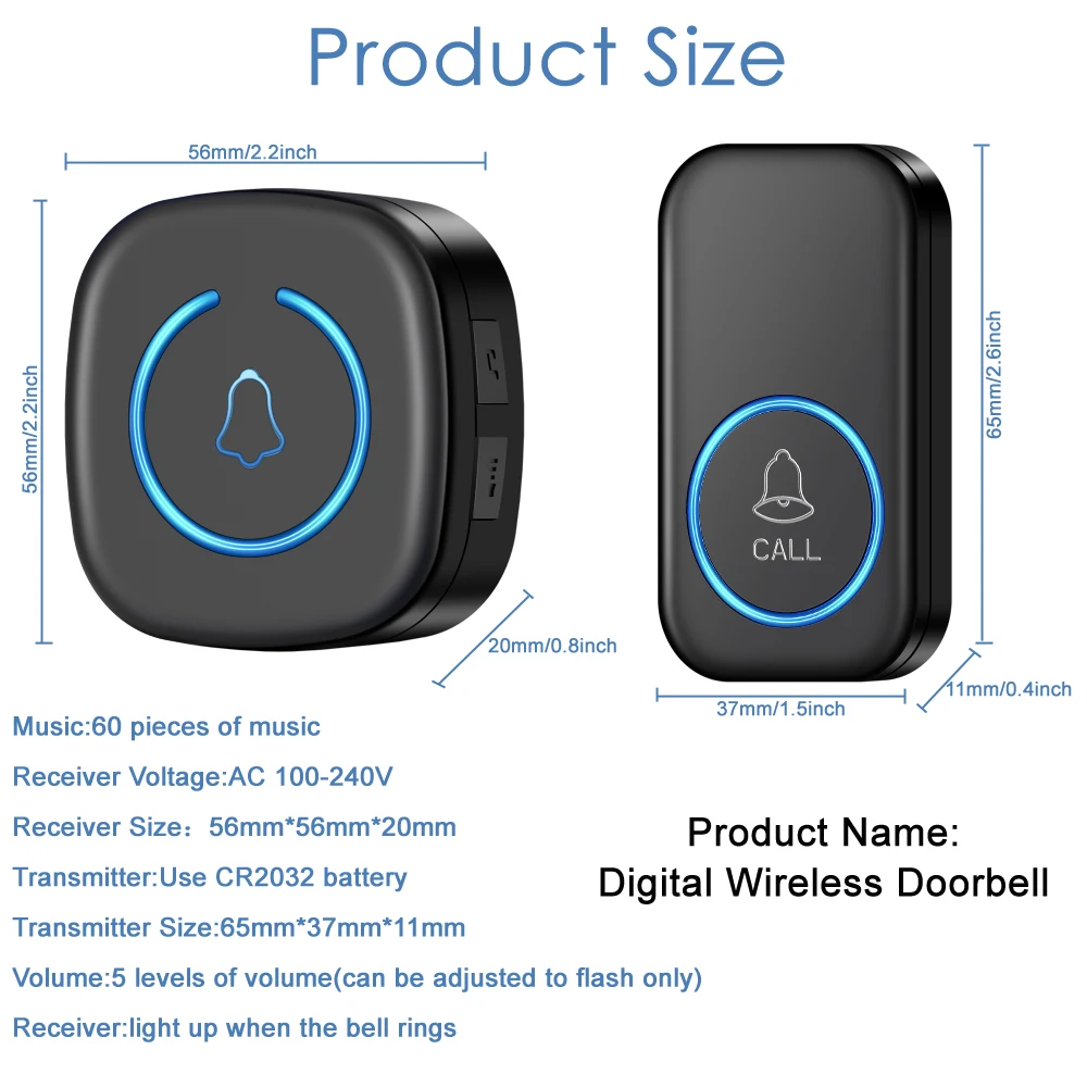 Wireless Doorbell Intelligent Welcome Door Bell 300M/984 FT Remote 60 Songs Melodies Home Smart Doorbell US EU Plug Optional