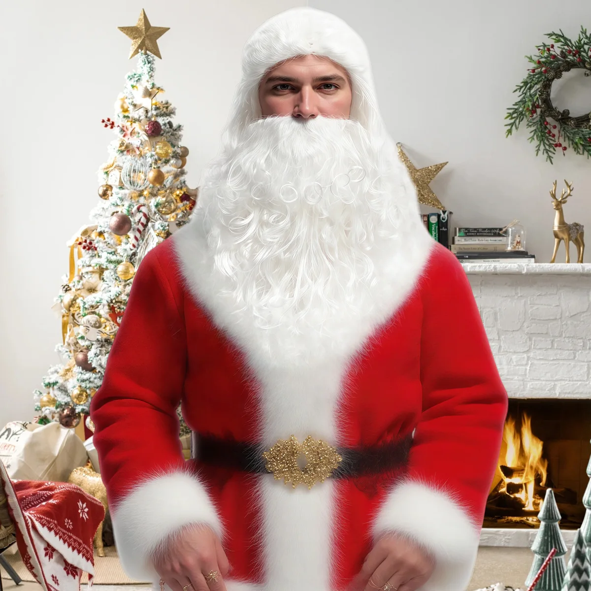 Peluca Larga y Rizada Sintética Blanca, Barba Inspirada en Santa Claus, Disfraz de Cosplay, Fiesta Navideña, Decoración para Festivales de Anime