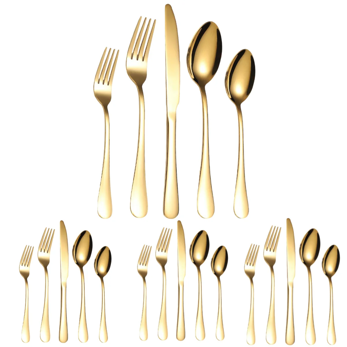 A · HOUSEWARE 20-Piece Gold Stainless Steel Flatware Classic Wide Round Handle Silverware Set for 4 Mirror Polished Cutlery