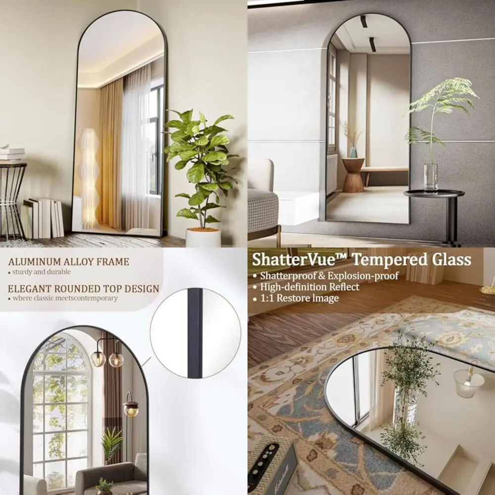 Arched Full Length Black Floor Mirror, 65x24 Standing Hanging or Leaning Aluminum Framed Body Mirror for Home Decor