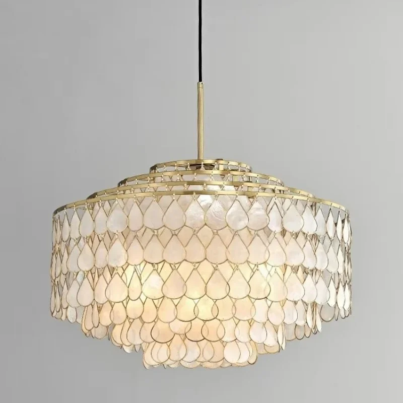

French raindrop Shell Chandelier Luxury Copper Circle light Vintage Retro Living Room Study Restaurant office Bedroom Lamp