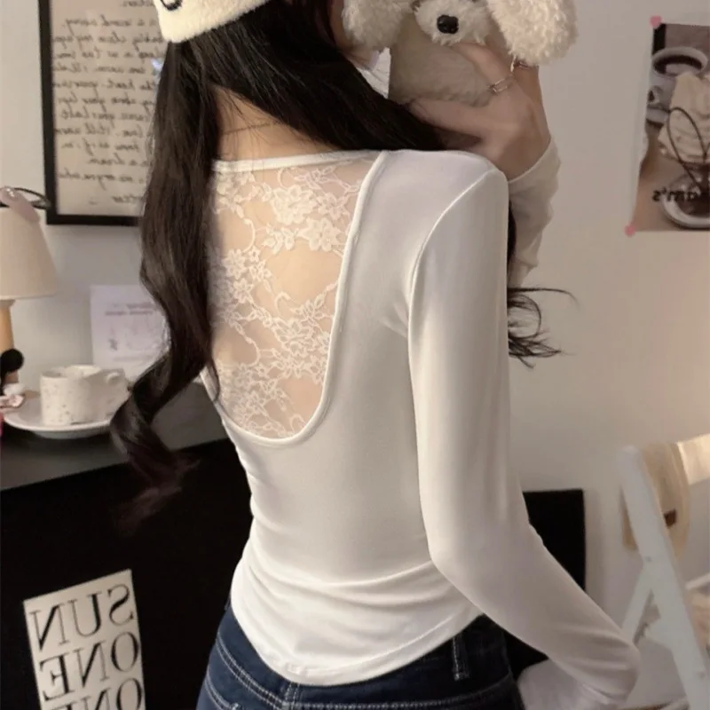 New Spring Sexy Crop Tops Fashion Women Long Sleeve O-neck Tunic Tees Y2k Top Patchwork Hollow Out Lace All Match  T Shirt