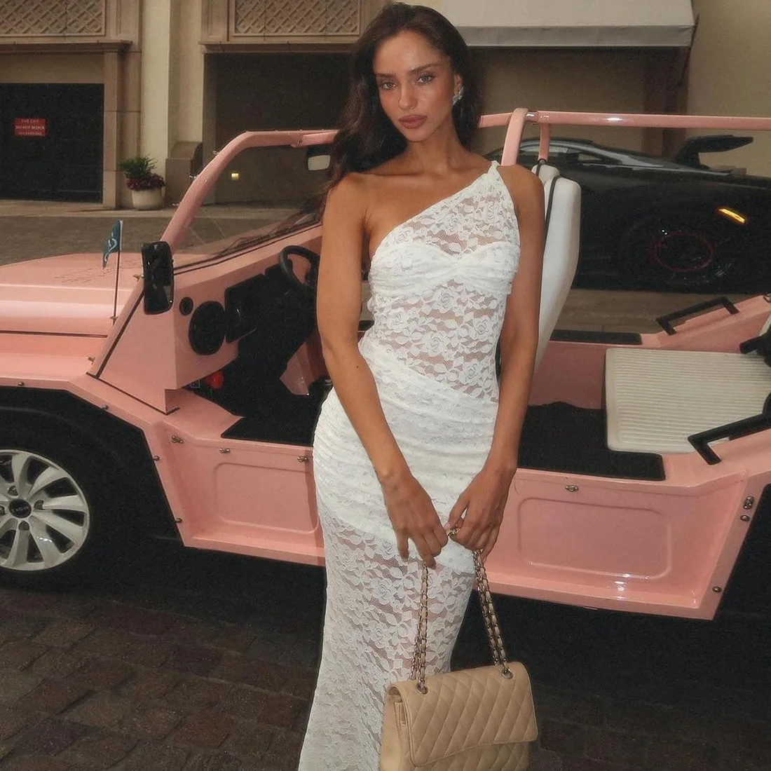 Wholesale Women's Clothing 2025 Summer New Lace See-Through Cut-out Slim Slanted Shoulder Backless Dress For Women