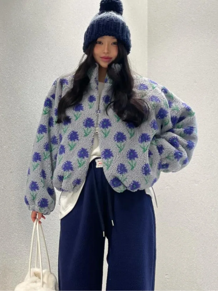 أنيقة الخريف الشتاء ort الأزهار منقوشة خمر تصميم الشعور أناقة المرأة Jaet Faionable ملابس خارجية للسيدات #3