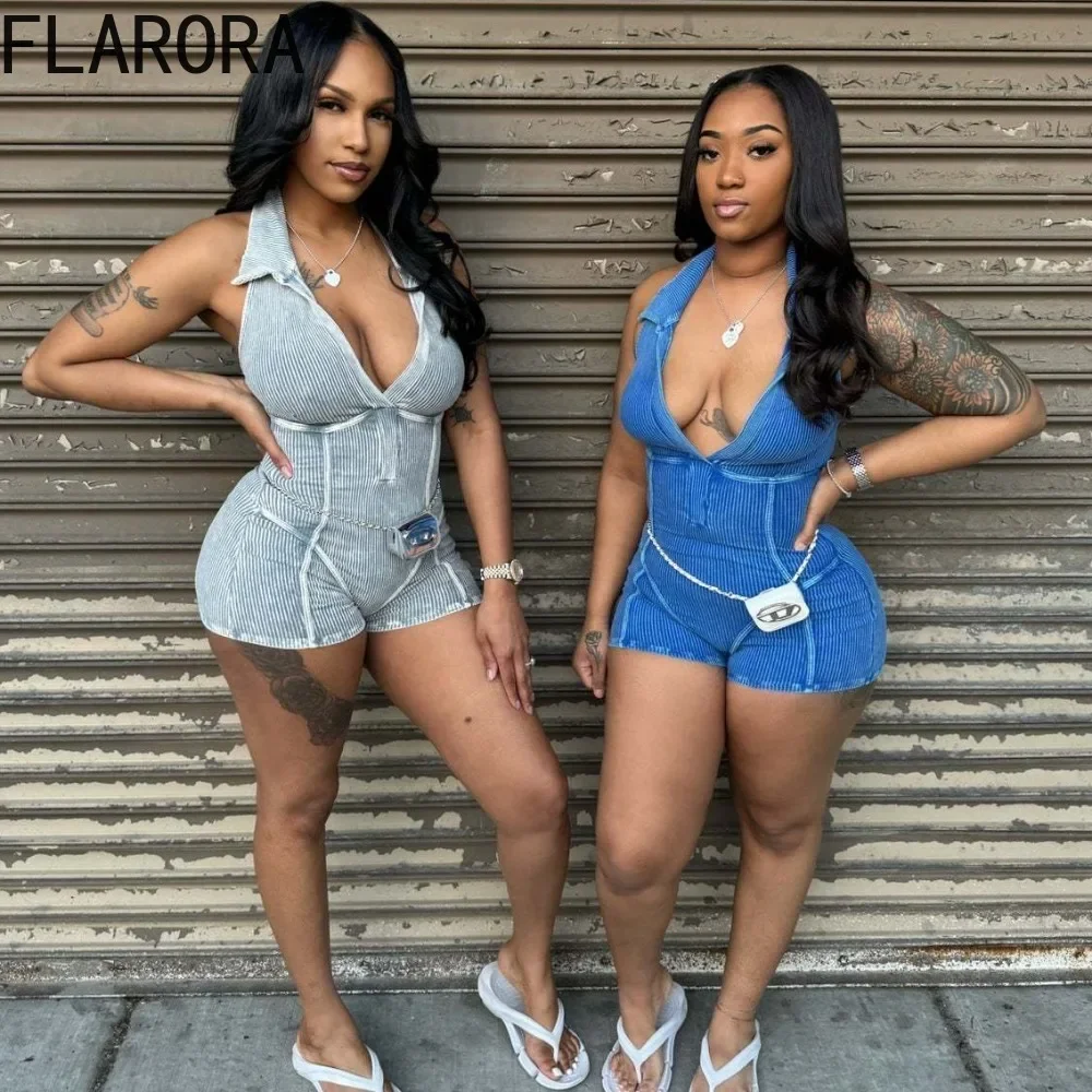 

FLARORA High Quality Ribbing Knitted Rompers Sexy Solid Sleeveless Backless Bodycon Jumpsuit Female Sporty Streetwear Romper