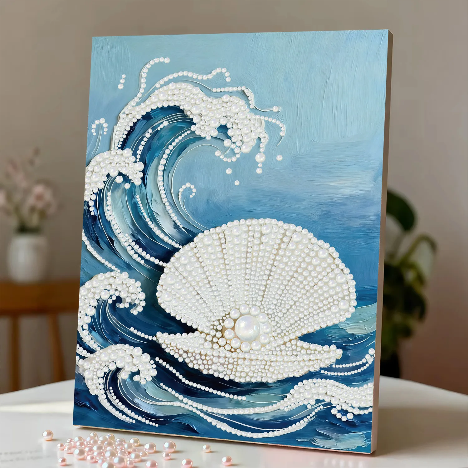

35*45cm 5D Full Round Drill Diamond Painting Kit Blue Ocean Wave White Pearl Shell Design Rhinestone Mosaic Embroidery DIY Handm