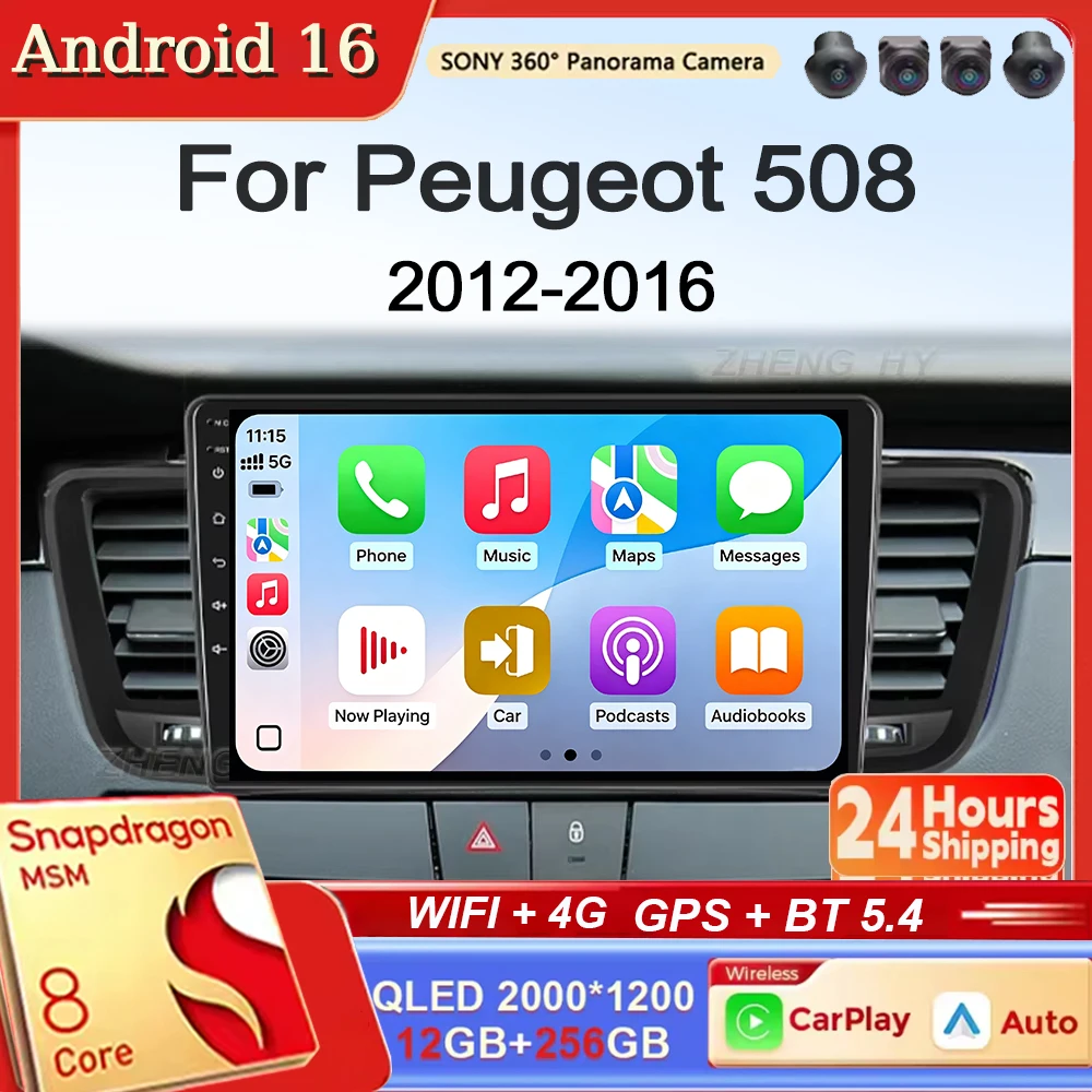 Android 16 Für Peugeot 508 2012-2016 CarPlay Android Auto Autoradio Stereo GPS Navigation Multimedia Player Drahtloses WIFI BT FM