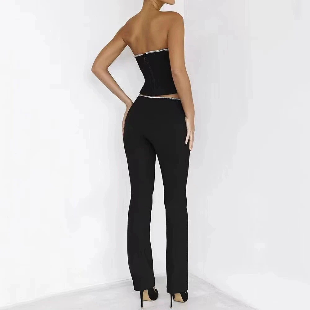 Hot selling nieuwe stijl super sprankelende strass trim tube top V taille broek modieuze forens pak-GZXX1274
