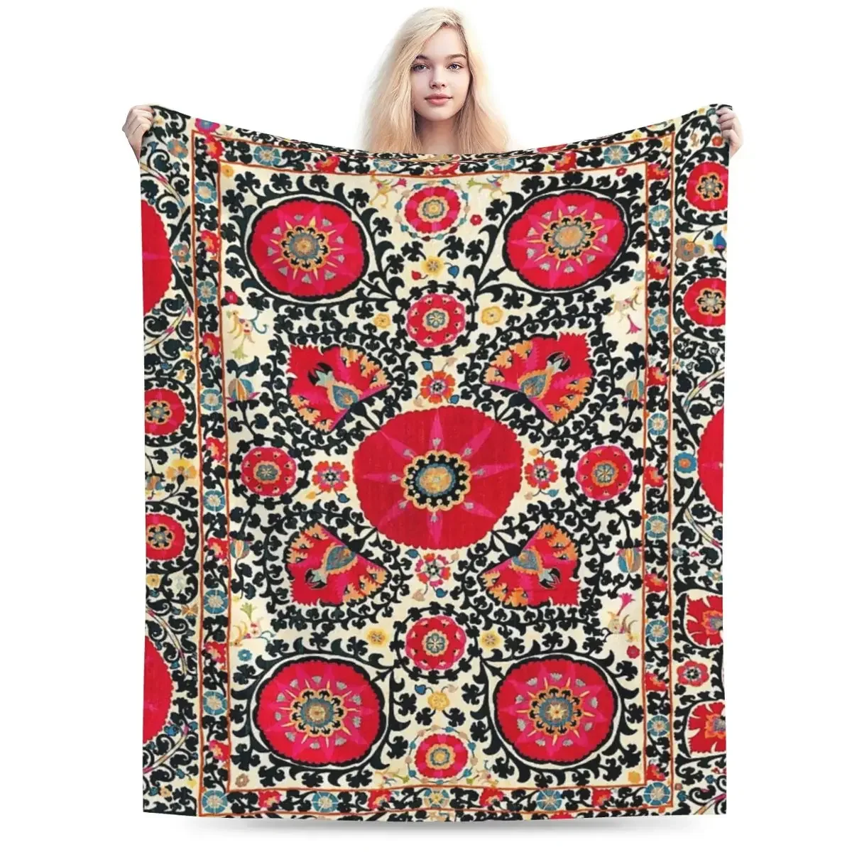 Throw Blanket Shakhrisyabz Suzani Uzbek Embroidery Print Blankets Soft Bedding Warm Plush Blanket for Picnic Travel Home Couch