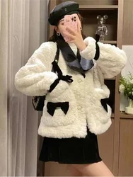 Kawaii Faux Rabbit Fur Cropped Coat Jackets Vintage Women Korean Bow Lapel Cotton Jacket Winter Thick Elegant Fleece Outerwear