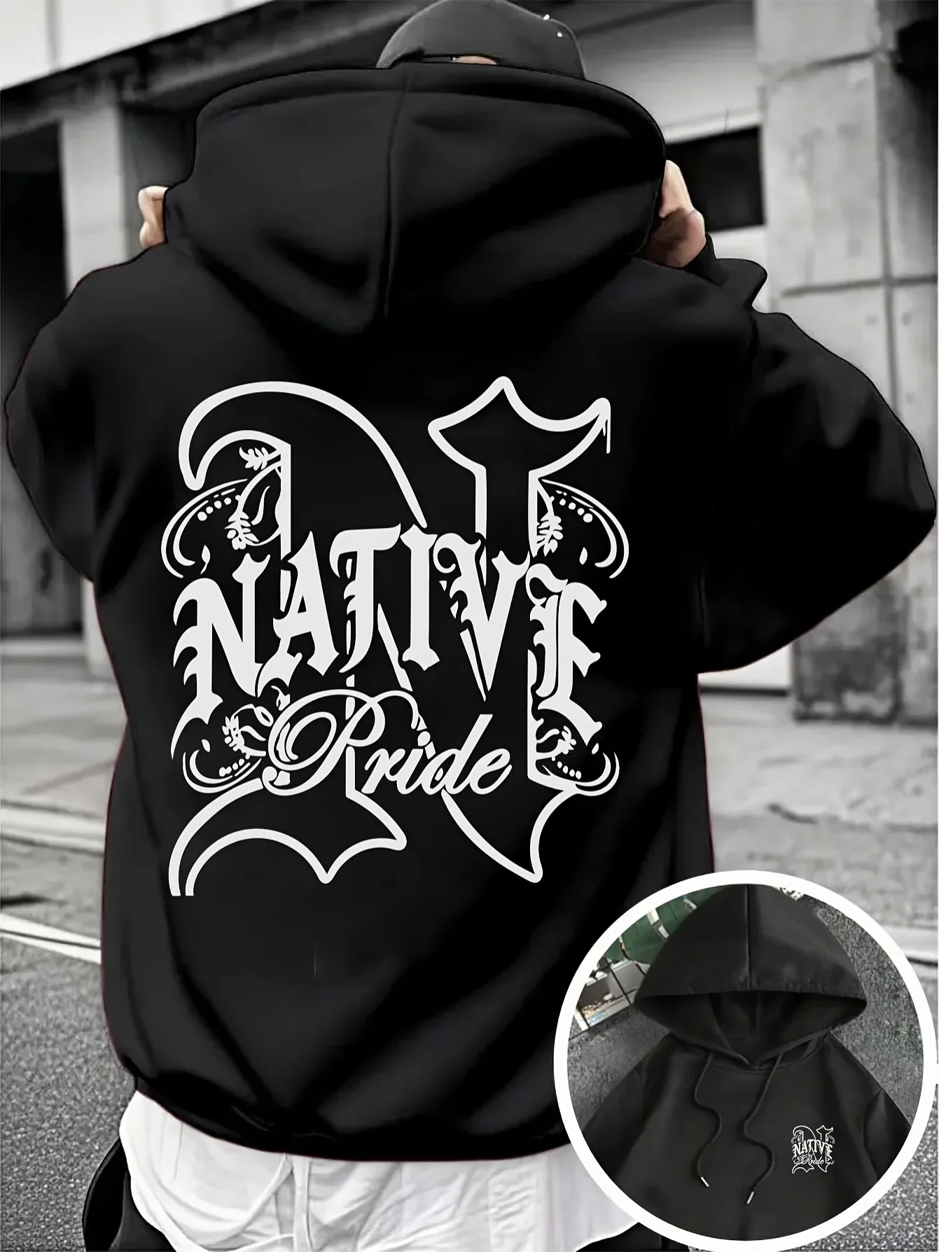 Men Street Native Pride Hoodie Ornate Gothic Font Back Chest Dual‑Position Print Hooded Sweatshirt loose fleece hoodie for men