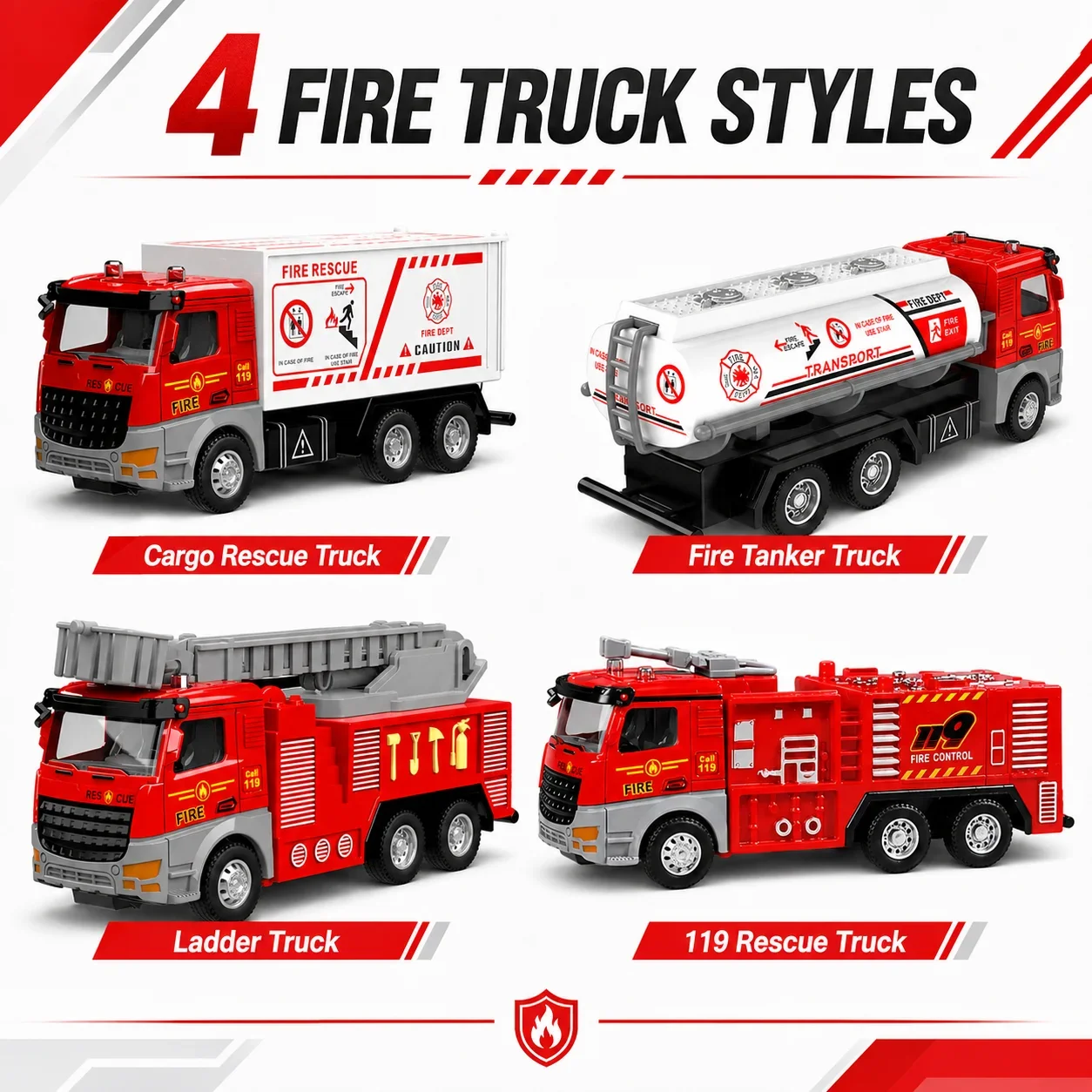 MQUDUO Fire Rescue Truck Toy, Cargo Box Tanker or Extendable Ladder Emergency Vehicle Role Play Birthday Gift