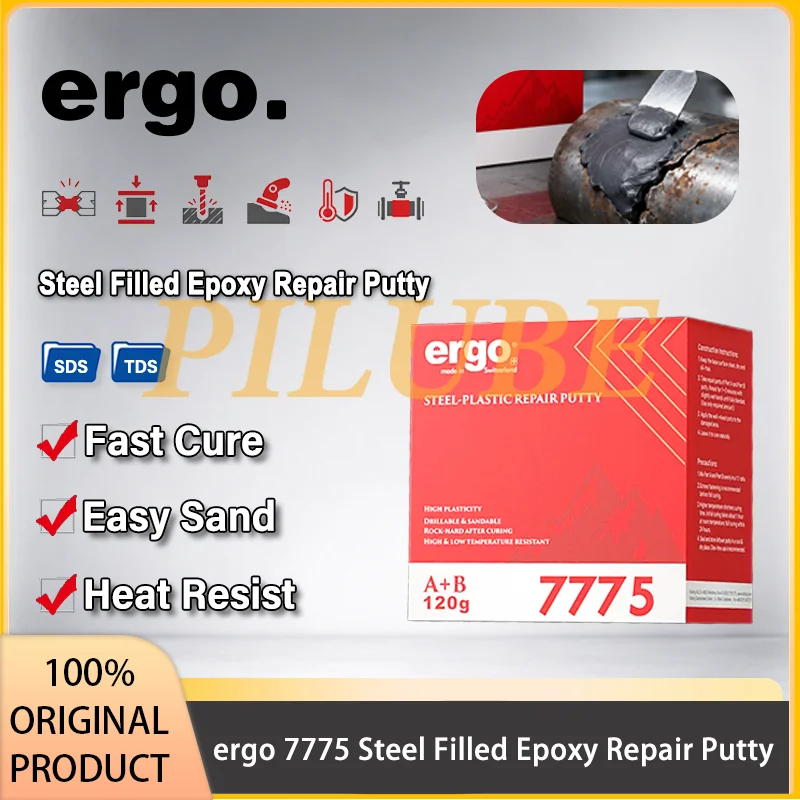Ergo 7775 Steel Filled Epoxy Repair Putty 30MPa Sandable Drillable Paintable Metal Pipe Machinery Surface Crack Sealing A+B 120g