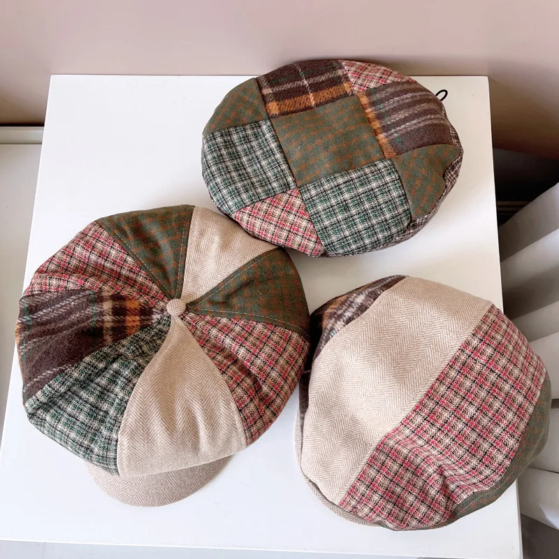 Retro Plaid Splicing Beret Wool Octagonal Cap Warm Newsboy Cap Street Painter Hat Retro Forward Cap England Plaid Hat