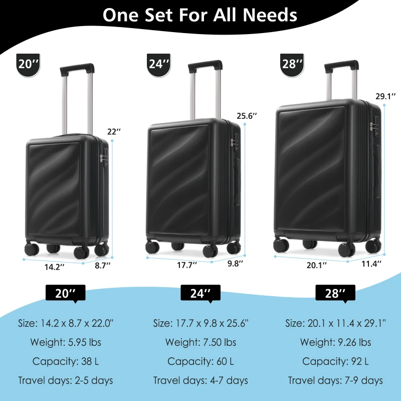 Set 3 Piece Lightweight Durable ABS Suitcases With Spinner Wheels And Lock Carry On  Checked Travel