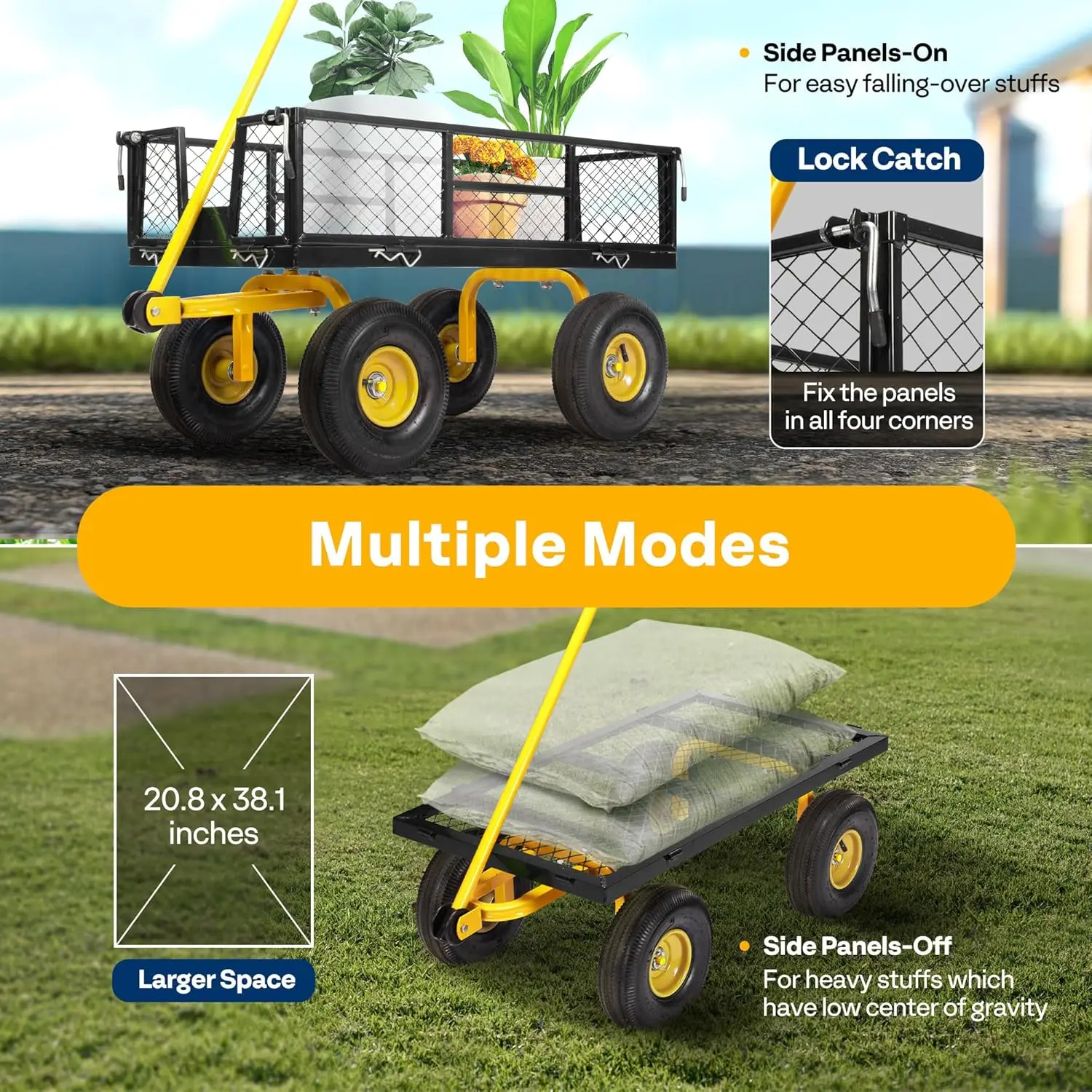 RapDuty-Chariot de jardin en acier à mailles, chariot utilitaire pliant avec côtés perfectionnés, roues de 880, 4.10 et 4 pouces, capacité de 3.50 lb, 1