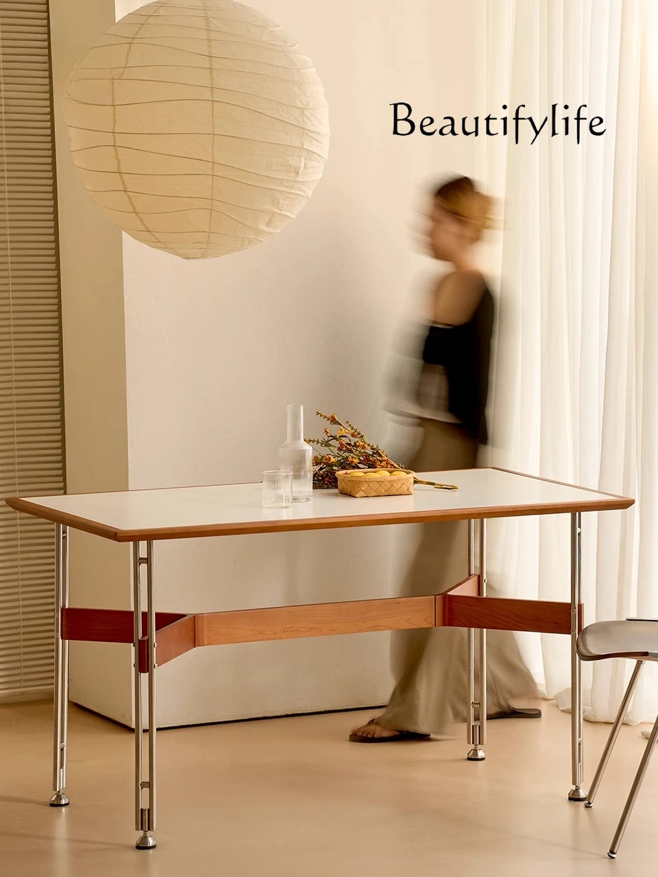 

Nordic modern medieval cherry wood retro Bauhaus small apartment rock slab dining table six people table