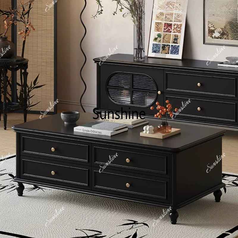 

French solid wood coffee table rectangular all solid wood retro American multi-drawer coffee table