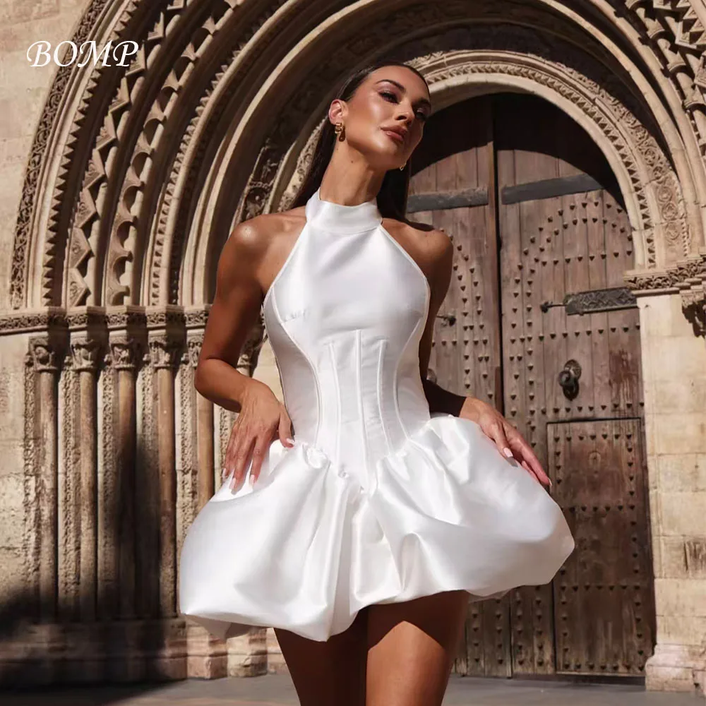 BOMP Elegant White Wedding Party Dress Halter Sleeveless Draped A-Line White Taffeta Short Prom Gown Customized Vestido de novia