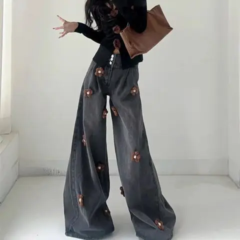 Spring/Autumn 2025 New Style Retro Floral High-Waisted Slimming Wide-Fit Denim Pants