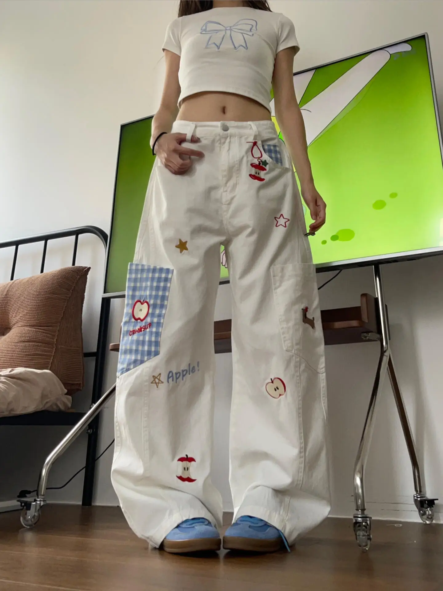 Retro American White Cartoon Embroidered Plaid Jeans Women's Summer Loose Straight Leg Wide Leg Workwear High Waist Denim