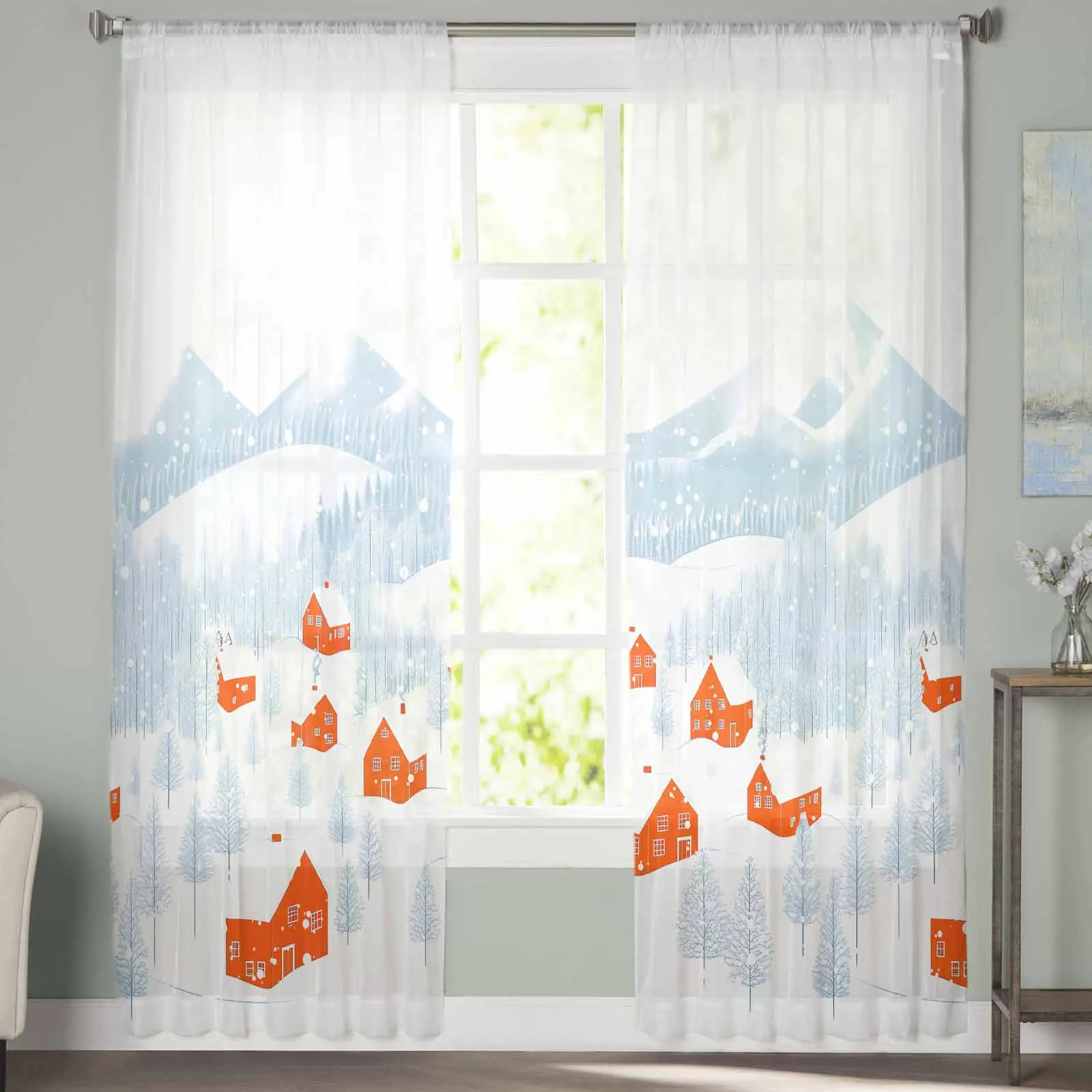 Snowflakes Hand Drawn Small Town  The Sea Sheer Curtains for Living Room Bedroom Home Hotel Coffee Decor Chiffon Tulle Curtains