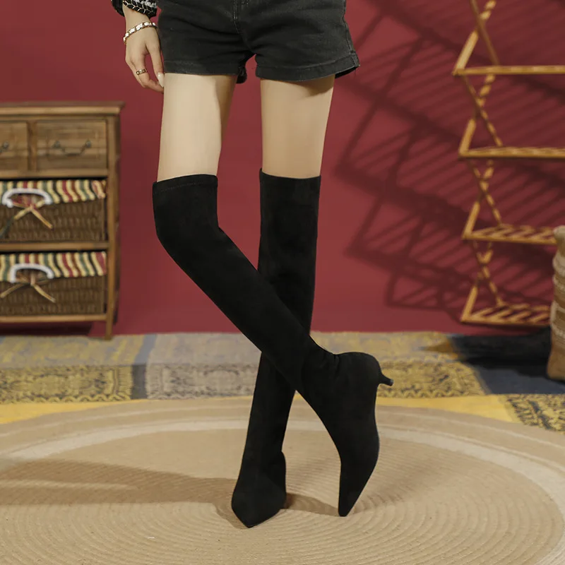 

Женские черные/коричневые замшевые сапоги выше колена на высоком каблуке, осенне-зимняя обувь на флисовой подкладке Q-140