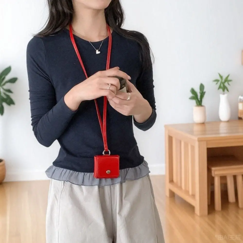 

Portable Hanging Neck Headphone Bag Square PU Leather Lanyard Lipstick Bag Multifunctional Card Holder Small Coin Purse Party