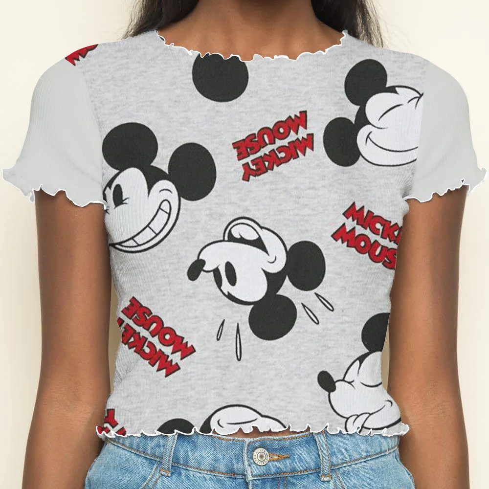 T-shirts Crew Neck Lettuce Trim Disney Crop Tops Sexys Summer Clothes Women 2024 Top T-shirt Short Sleeve Mickey Woman Clothing