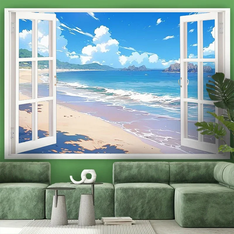 Large Beach Window Mural Wallpaper Waterproof Photo Print Ocean View Tropical Coastal Decor for Living Room Bedroom