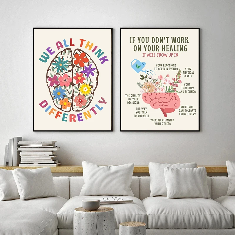 

Healing Brain Art Poster We All Think Differently Canvas Painting Neurodiversity Psychologist Wall Art Picture Office Home Decor