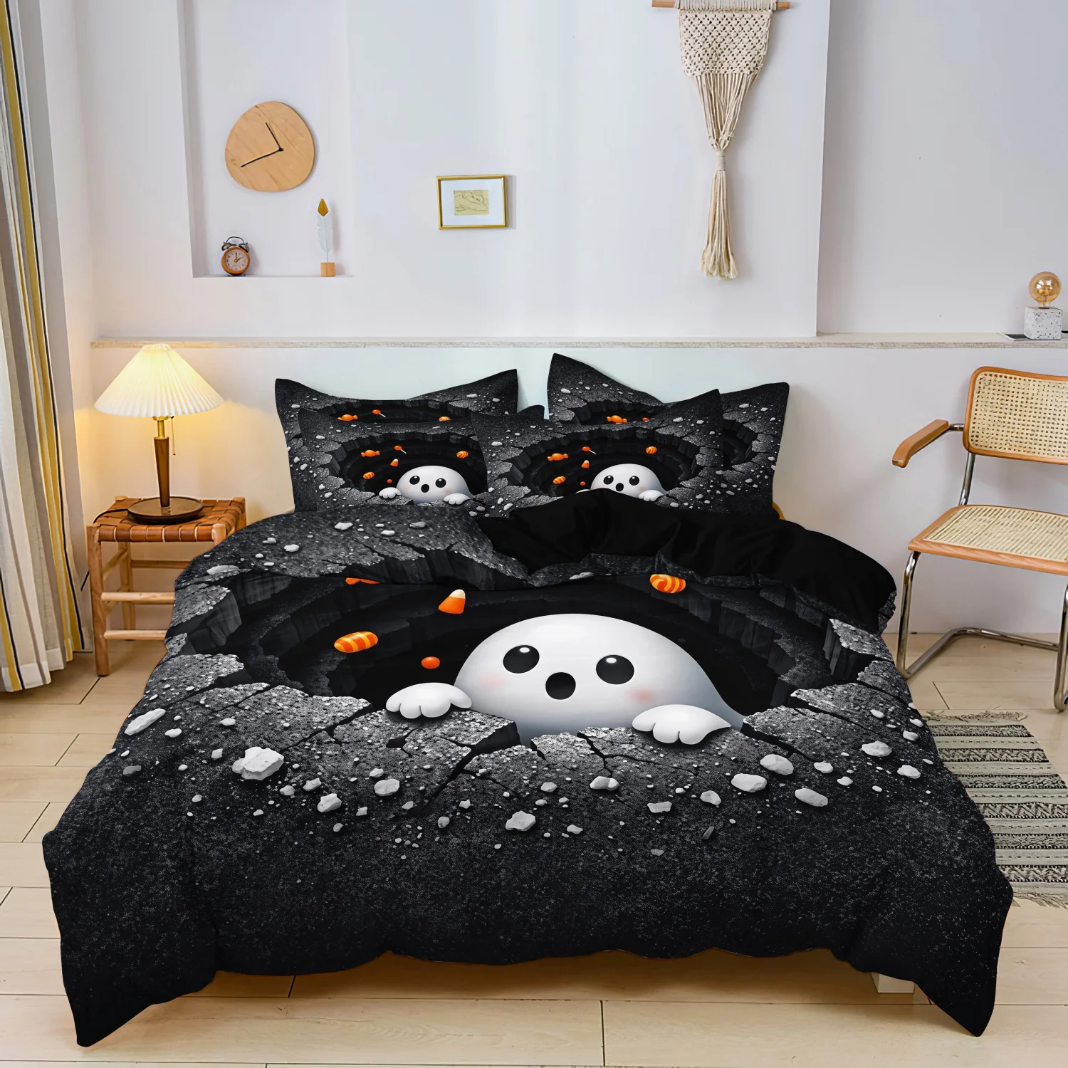 3 Pieces Cracked Wall Cute Ghost Halloween Print Duvet Cover Set, Black Stone Broken Wall Peeking Ghost Candy Print Bedding
