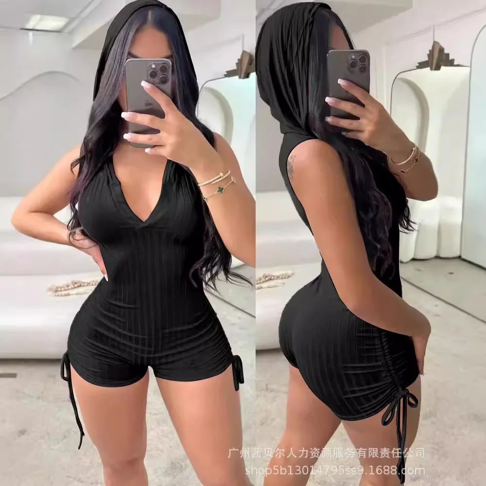 Women's Suits Solid Color Hooded V-Neck Drawstring Collapse Jumpsuit for Women