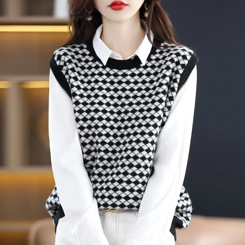 Autumn Winter Women Trendy Retro Argyle Sleeveless Chic Loose Sweater Vest Y2K Female Casual Streetwear O Neck Knitted Waistcoat