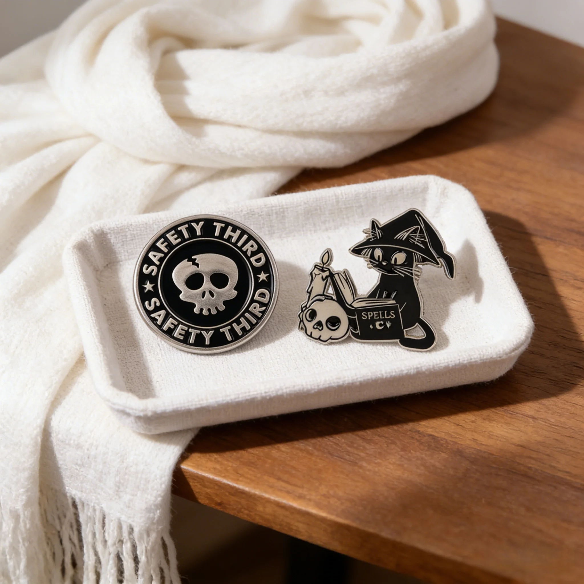Magic Cat Skull Enamel Pin SAFETY THIRD Skeleton Quote Brooch Pin Lapel Pin Badge on Backpack Clothing Accessories Jewelry Gifts