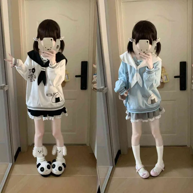 2025年新作 日本風 カワイイ ロリータ パーカー レディース 可愛い セーラーカラー 猫刺繍 スウェットシャツ カジュアル ガールズ Y2K リボン プルオーバー トップス