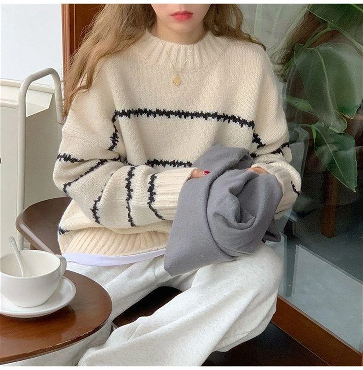 

Женский модный вязаный свитер, осень-зима, топы с круглым вырезом и длинными рукавами, шикарный пуловер в стиле ретро, свитера, повседневная уличная одежда, одежда